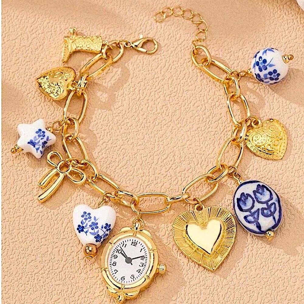 Stampd Gold and Blue Clock Charm Bracelet